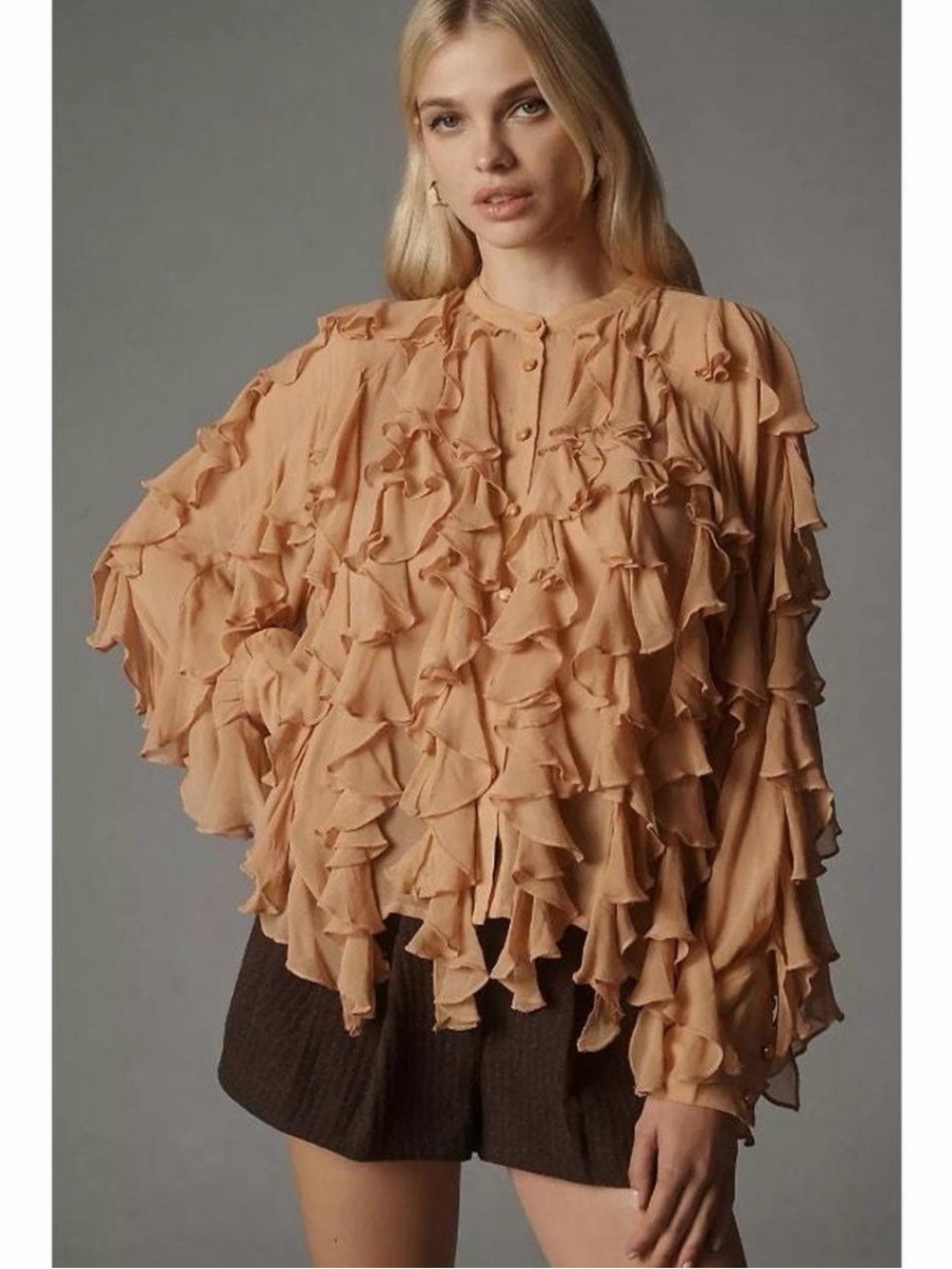 Anthropologie Peach Tiered Ruffle Button-Down Top